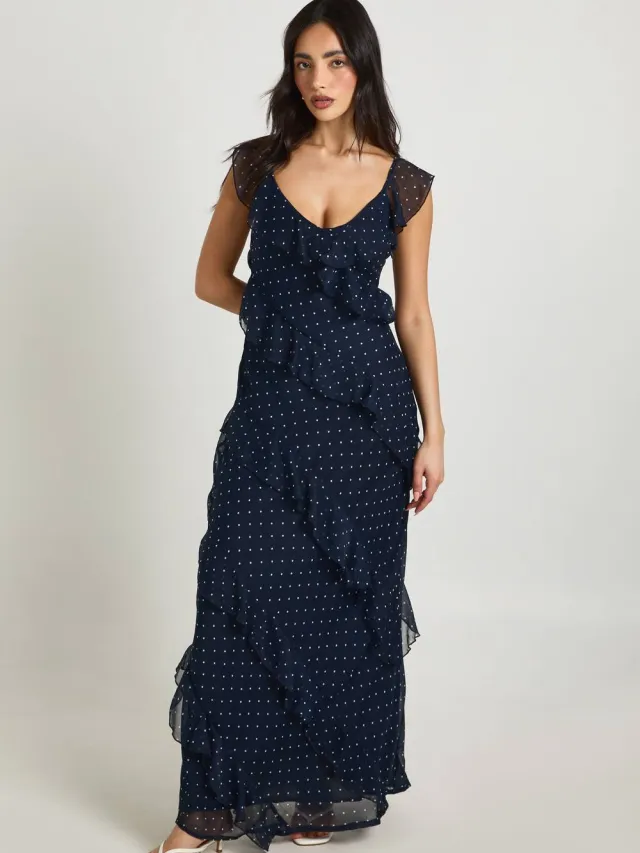 boohoo Dames Chiffon Ruffle Polka Dot Bandjes Maxi Jurk Marineblauw