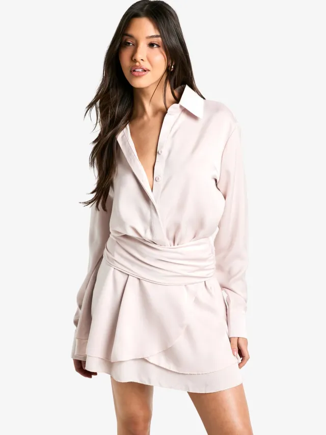 boohoo Dames Satijnen geruichte shirtjurk Oester