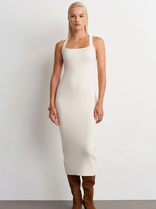 Dilvin Ribbel Halter Midi Bodycon Jurk Crème