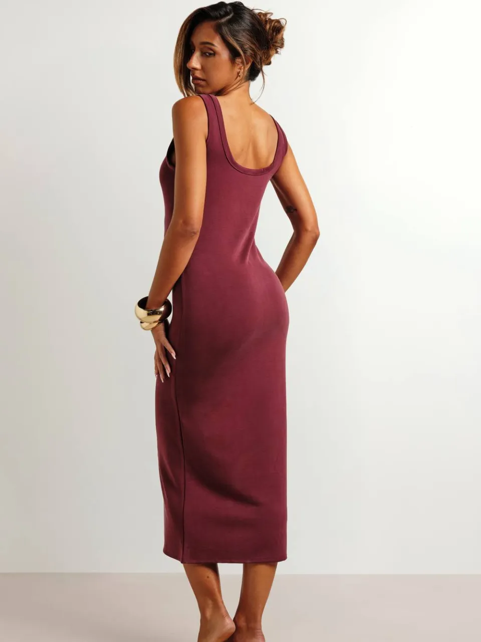 boohoo Dames Premium Superzachte Geribbelde Midi-jurk Met Ronde Hals bordeaux rood, foto 2