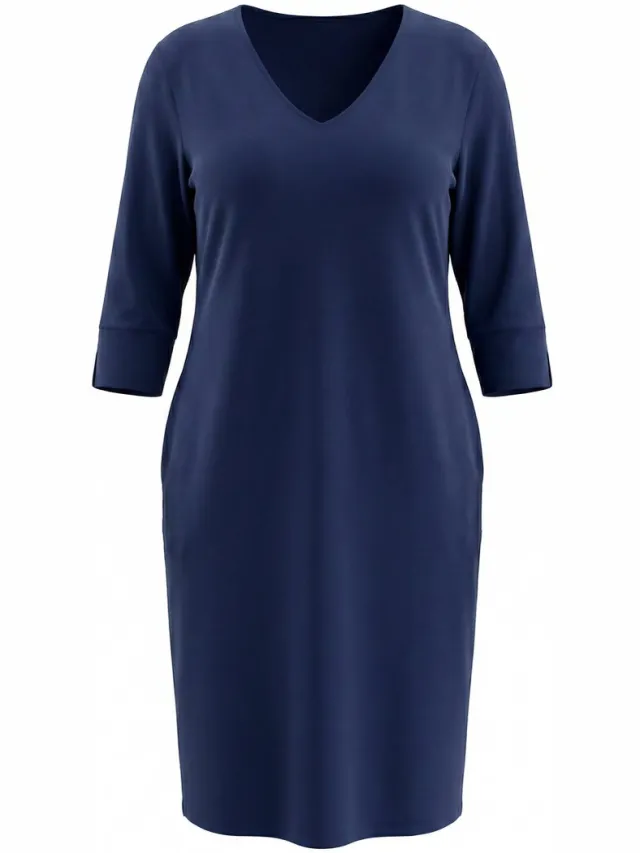 Ulla Popken Dames - Sweatjurk V-hals 3/4-mouw modalmix - Marine - Maat 62+