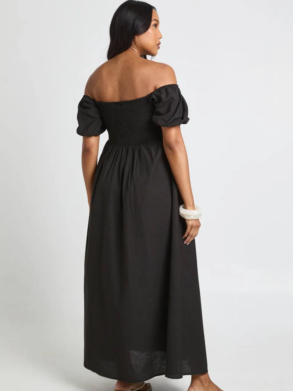 boohoo Dames Zwangerschaps Linnen Pofmouw Gesmockte Maxi Jurk zwart, foto 2