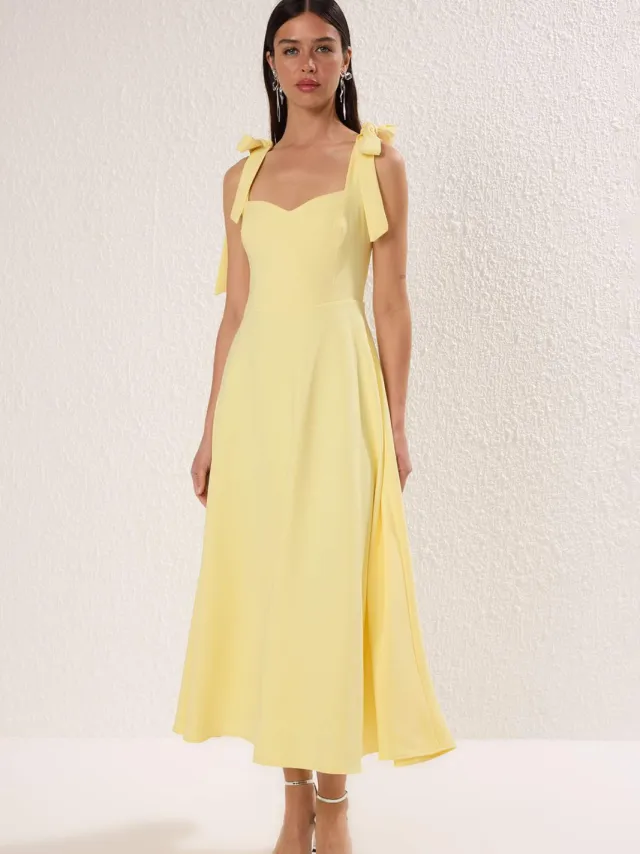 Trendyol TRENDYOLMİLLA Dames Geel Effen Maxi Mouwloos Stijlvol/Avond Skater Jurken