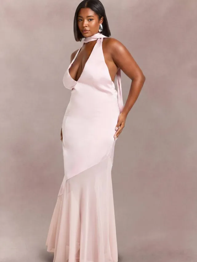 boohoo Dames Plus Maxi Jurk Van Chiffon Met Satijnen Sjaaldetail baby roze, foto 2