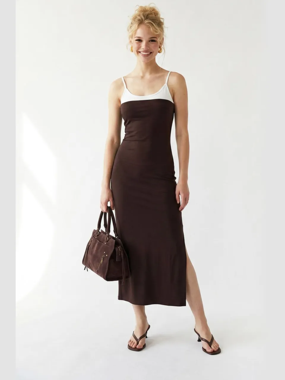 Mixray Mouwloze Bodycon Midi Jurk Met Splits bruin, foto 2