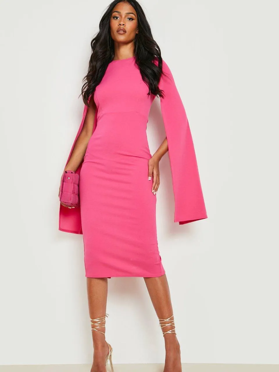 boohoo Dames Tall Cape Sleeve Midi Bodycon Jurk felroze, foto 3