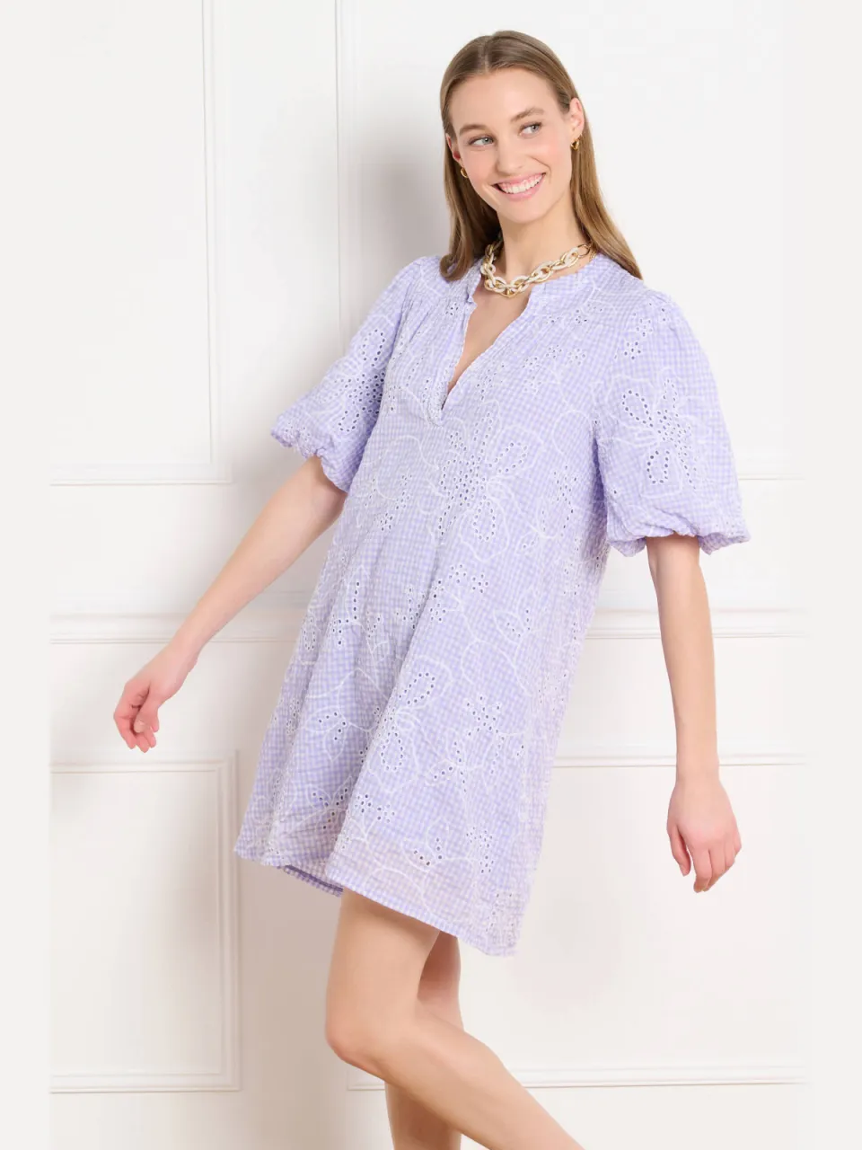 LOLALIZA geruite blousejurk broderie lila, foto 5