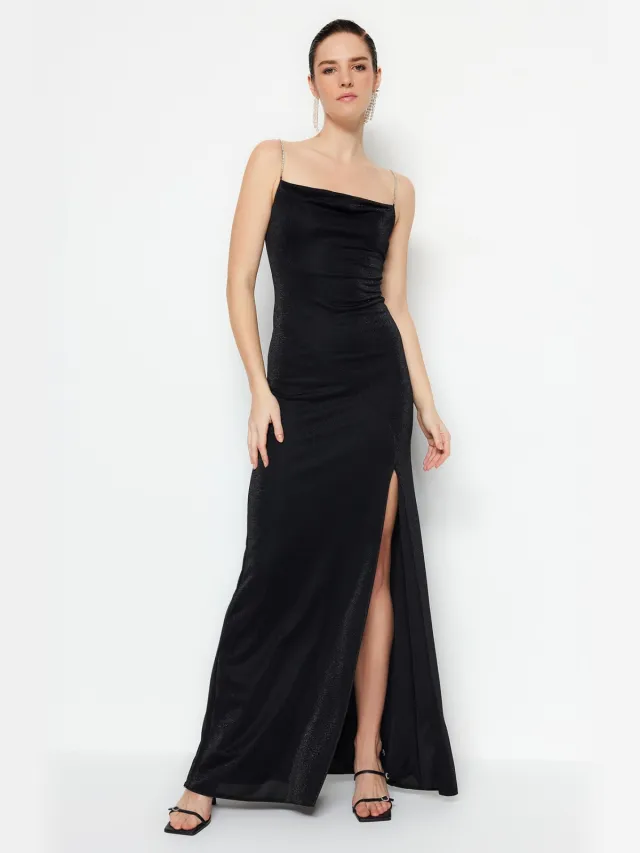 Trendyol TRENDYOLMİLLA Dames Zwart Effen Maxi Mouwloos Diploma-uitreiking / Gala A-lijn Avond & Gala Jurk