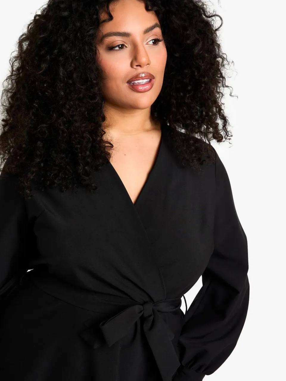 boohoo Dames plus blouson mouw mini wrapjurk zwart, foto 4