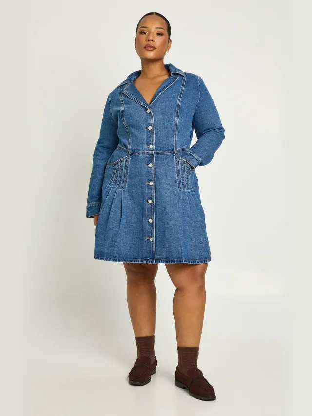 boohoo Dames Plus Denim Mini Jurk met Kraag en Knoopsluiting Lange Mouwen Medium Blauw