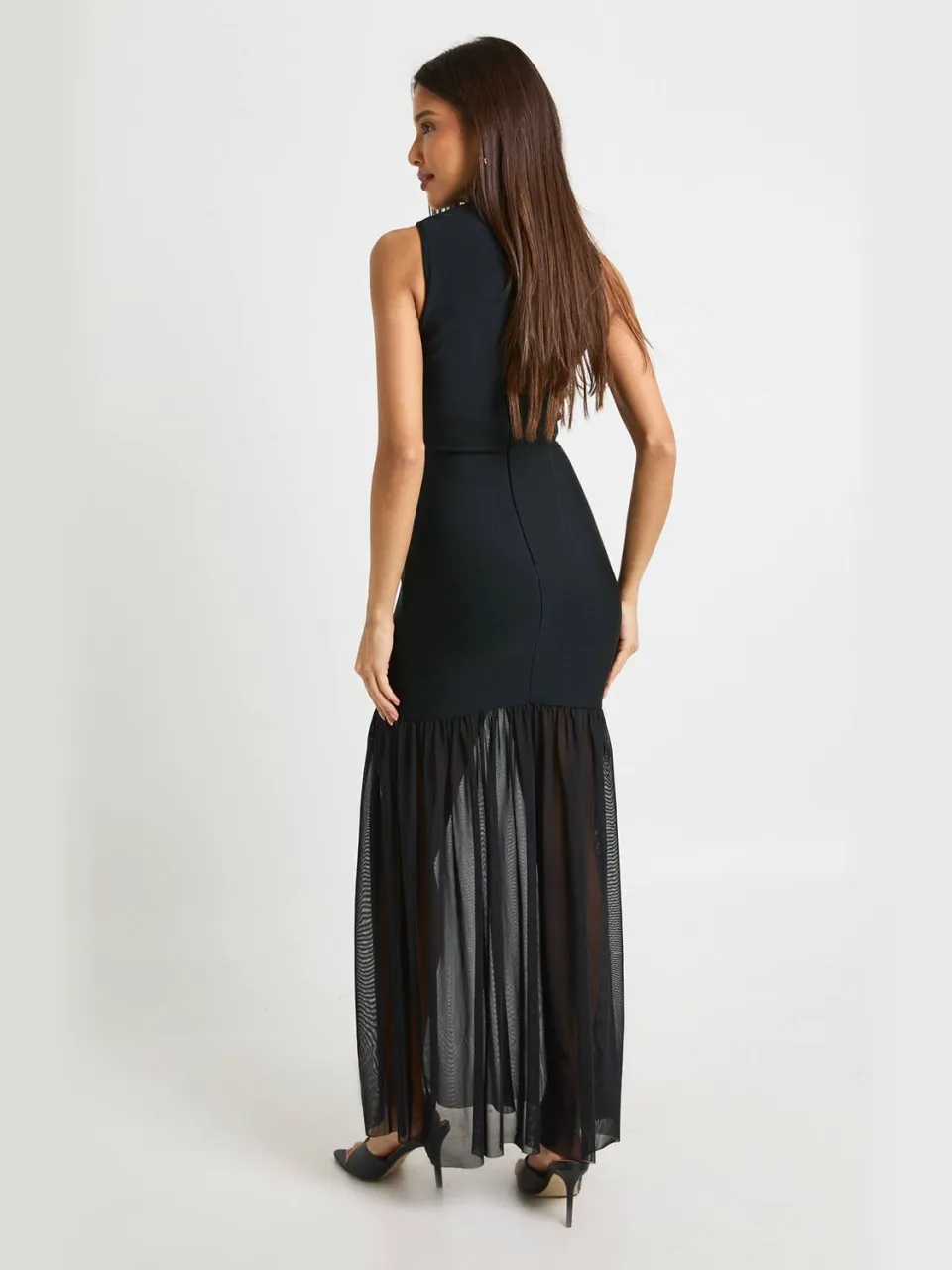 boohoo Dames Bandage Hoge Hals Mesh Rok Maxi Jurk zwart, foto 2