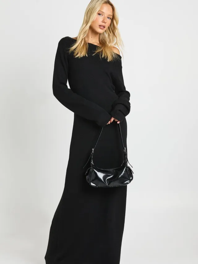 boohoo Dames Gebreide maxi-jurk met slash neck Zwart
