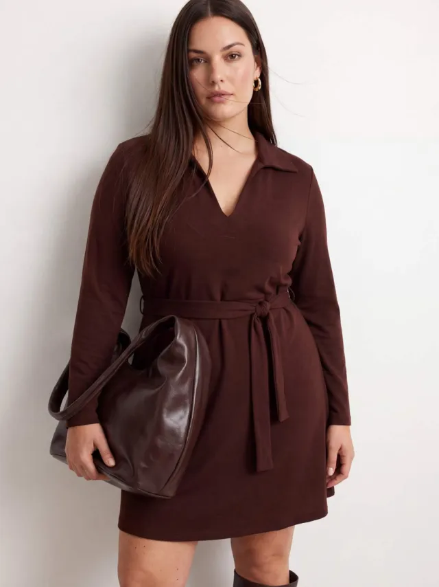 Trendyol Curve Dames Bruin Effen Kort / Mini Lang Casual A-lijn Grote maten Jurk