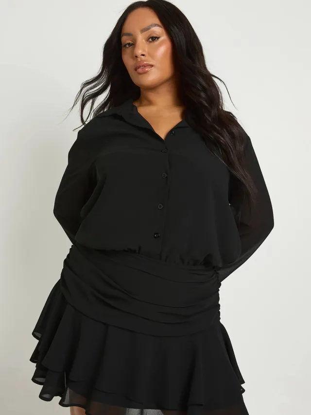 boohoo Dames Plus Ruche Mini Rok Shirtjurk Zwart