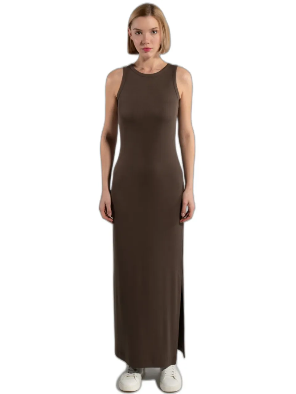 GORG dames vegan Maxi Jurk Mouwloos Olijfbruin