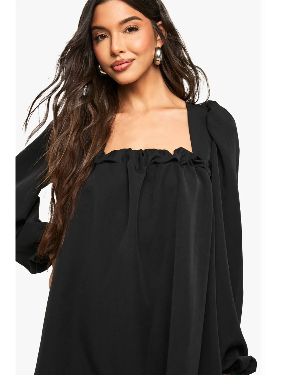 boohoo Dames Long Sleeve Puff Sleeve Smock Dress zwart, foto 3