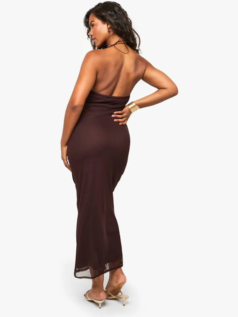 boohoo Dames Mesh Cowl Maxi-jurk chocoladebruin, foto 2