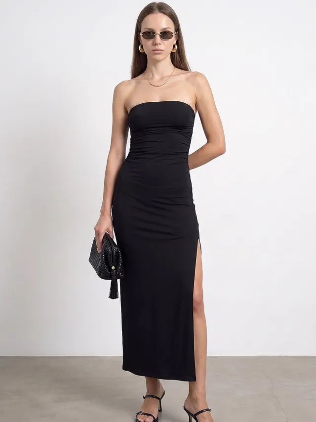 Dilvin Strapless Bodycon Maxi Jurk Met Split Zwart