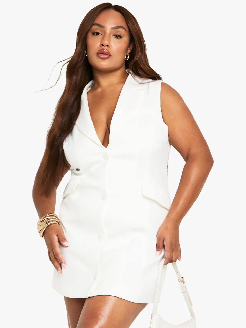 boohoo Dames Plus op maat gemaakte gestructureerde blazerjurk met getailleerde taille ivoor, foto 3