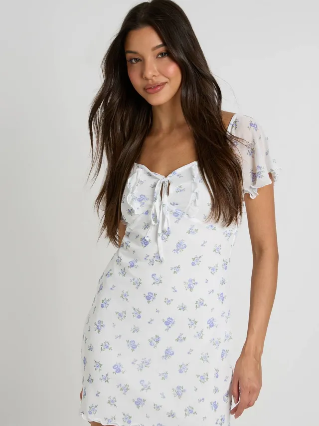 boohoo Dames Ditsy Bloemenprint Mesh Engelenmouw Strikdetail Mini Jurk Ivoor