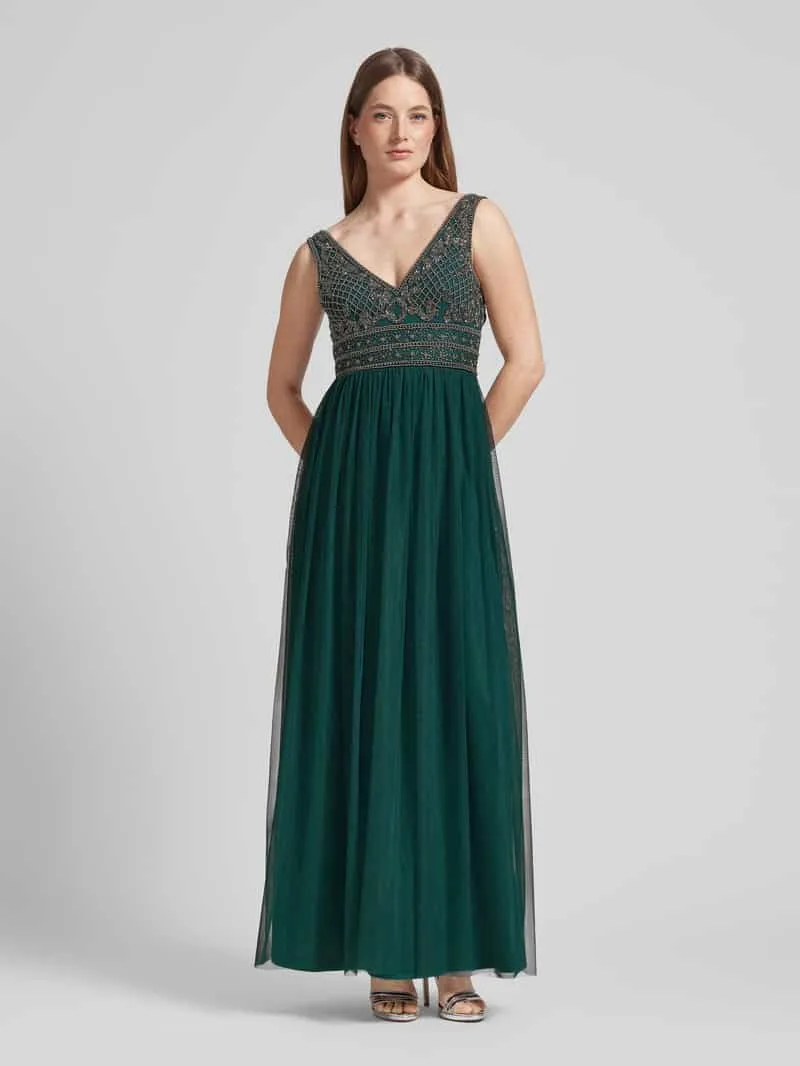 Lace & Beads Avondjurk met kralen en siersteentjes Donkergroen