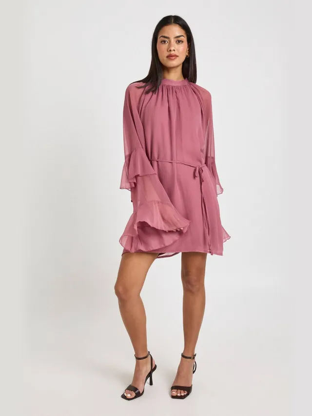 boohoo Dames Chiffon Mini Jurk met Ruffle Mouwen Donker Mauve