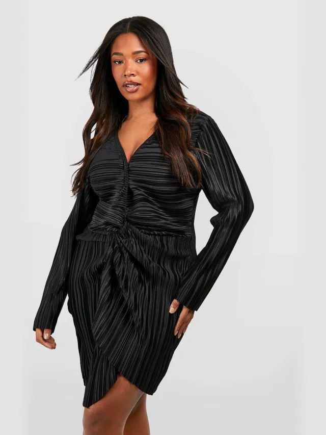 boohoo Dames Plus Wide Plisse Twist Front Wrap Jurk Zwart