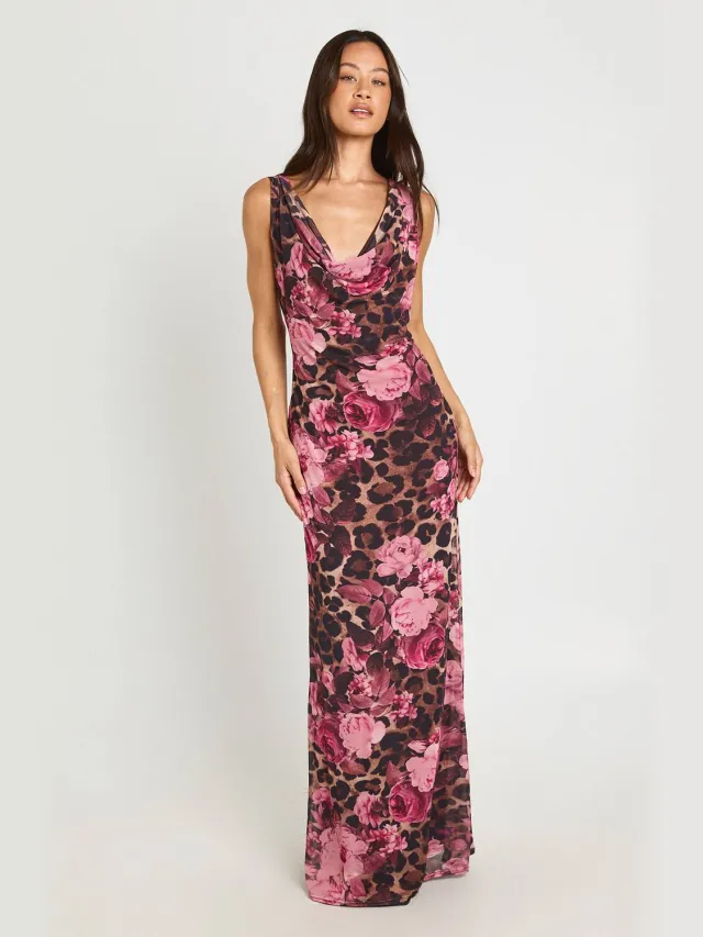 boohoo Dames Lange Mesh Luipaard Bloemen Watervalhals Maxi Jurk Luipaardprint