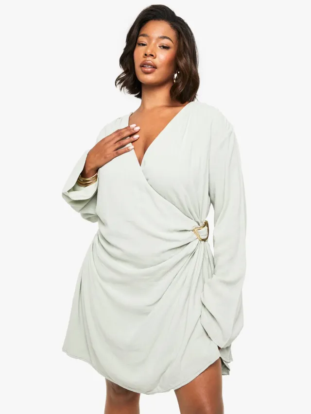 boohoo Dames Plus Trim Detail Wrap Linen Look Dress Verstandig