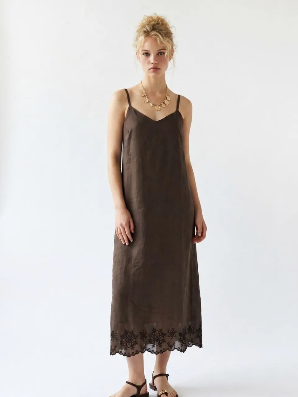 Mixray Geborduurd A-Lijn Midi Slipdress bruin, foto 2