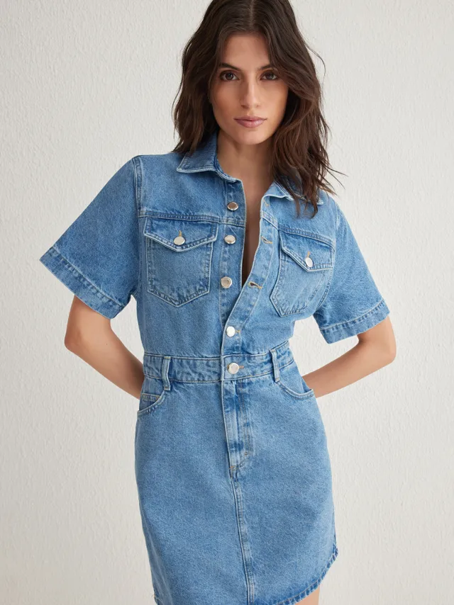 Trendyol TRENDYOLMİLLA Dames Donkerblauw Effen Kort / Mini Kort Casual Blousejurk Jurken