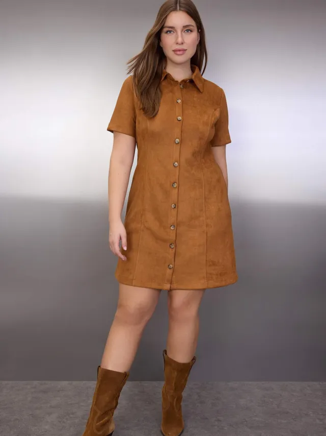Trendyol Curve Dames Bruin Effen Kort / Mini Kort Casual A-lijn Grote maten Jurk