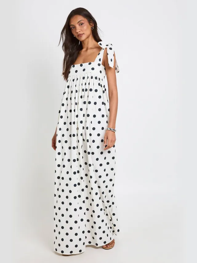 boohoo Dames Lange Katoenen Popeline Polkadot Swing Jurk Ivoor