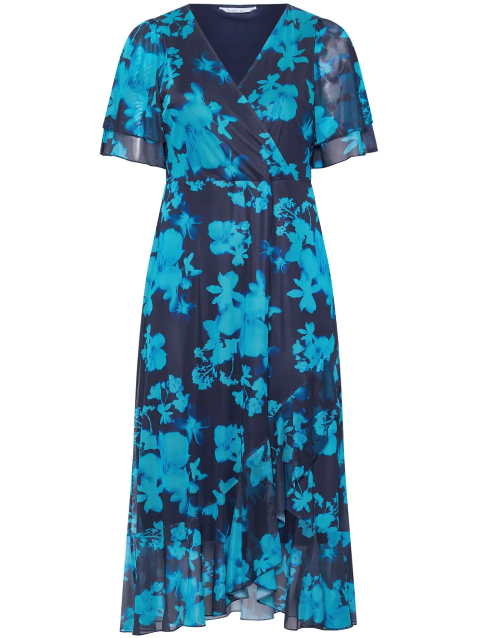 Yours London Blauwe Jurk Met Bloemenprint, Mesh En Ruches Aan De Zoom, foto 4