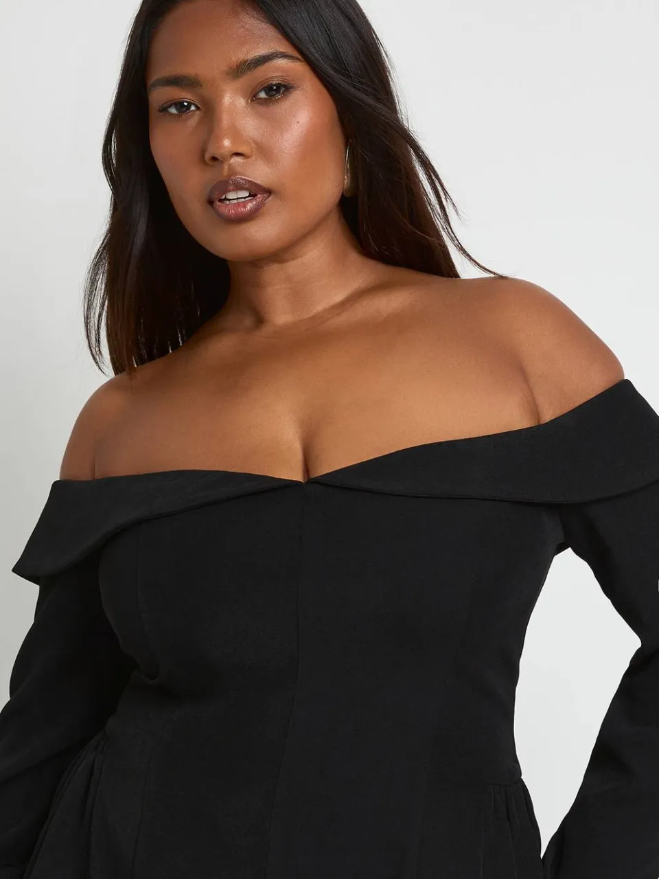 boohoo Dames Plus Langmouw Bardot Gestructureerde Skaterjurk zwart, foto 4