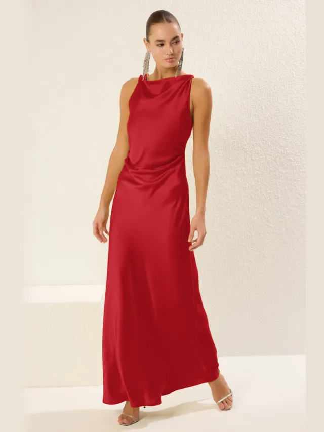Trendyol TRENDYOLMİLLA Dames Rood Effen Maxi Mouwloos Diploma-uitreiking / Gala A-lijn Avond & Gala Jurk