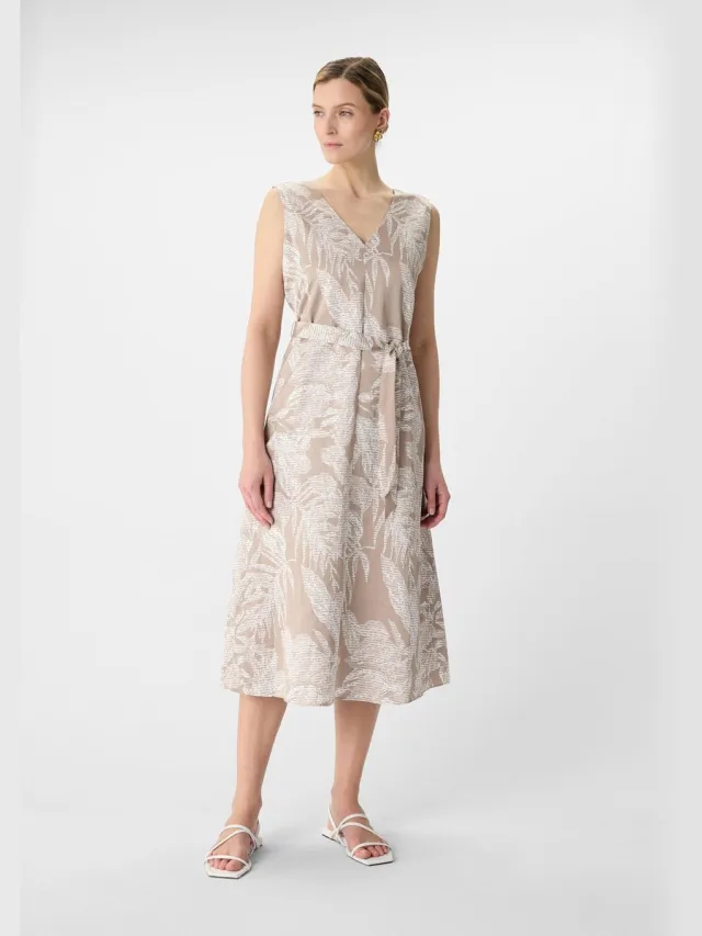 Comma female - Midi-jurk van satijn en linnen lichtbeige