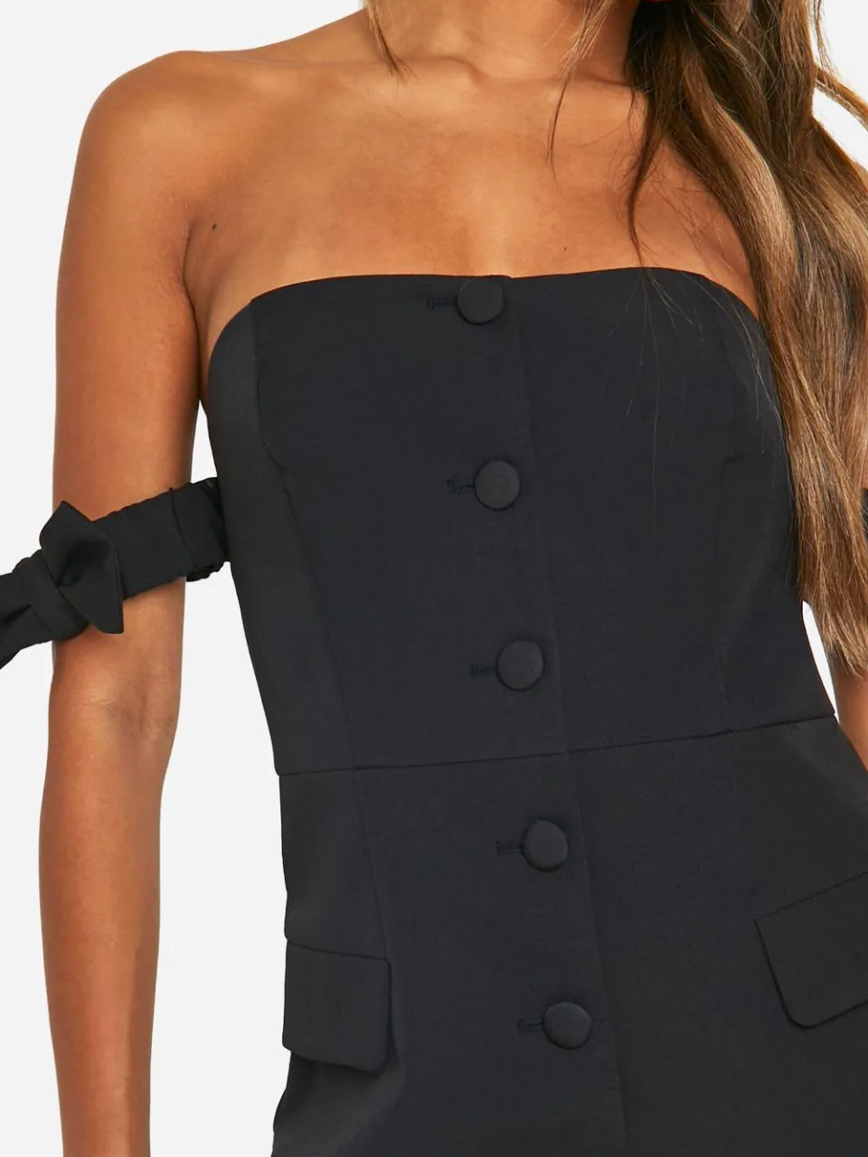 boohoo Dames Bow Bardot Tailored Mini Dress zwart, foto 3