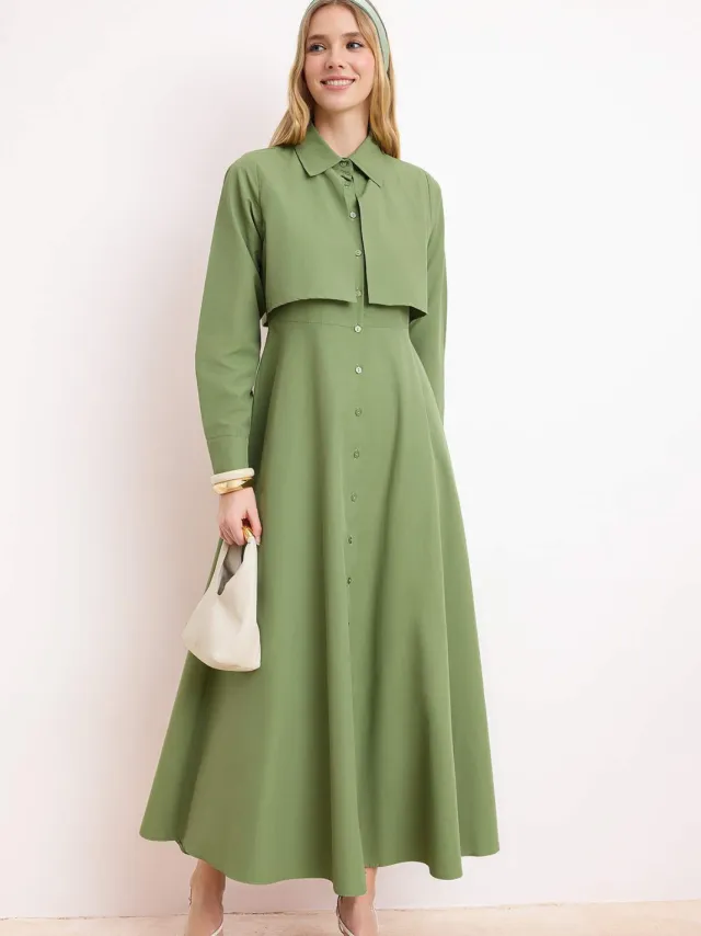 Turkishsouq Platte maxi-jurk voor dames, lange A-lijn model, geschikt voor hijab. Groen