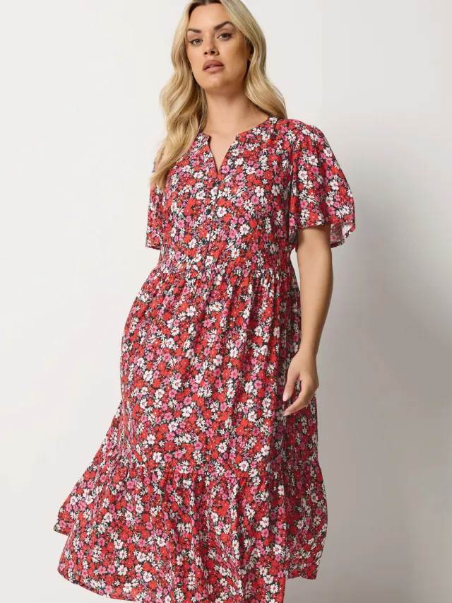 Yours Rode Jurk Met Bloemenprint En Knoopsluiting Red