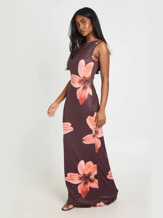 boohoo Dames Maxi-jurk Met Slash-hals En Bloemenmotief In Superzachte Stof Oranje