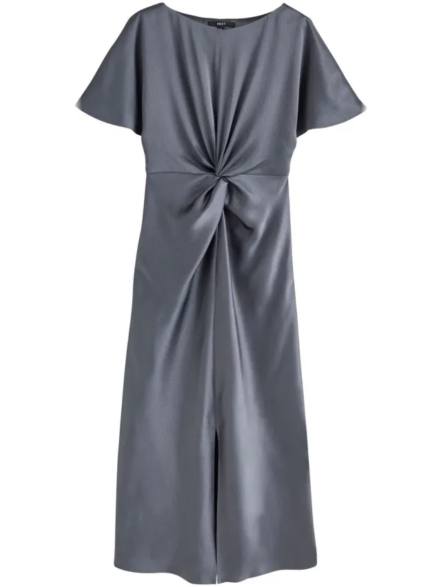Next Dames - Satijnen midi-jurk met korte mouwen en gedraaide voorkant - Blauw Petrol Blue