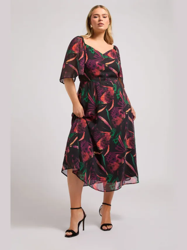 Yours London Maxijurk Met Vlinderprint En Engelmouwen In Zwart Black