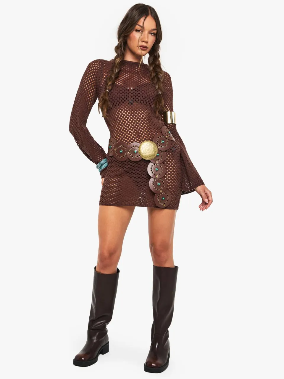 boohoo Dames Gehaakte mini-jurk met uitlopende mouwen Chocoladebruin