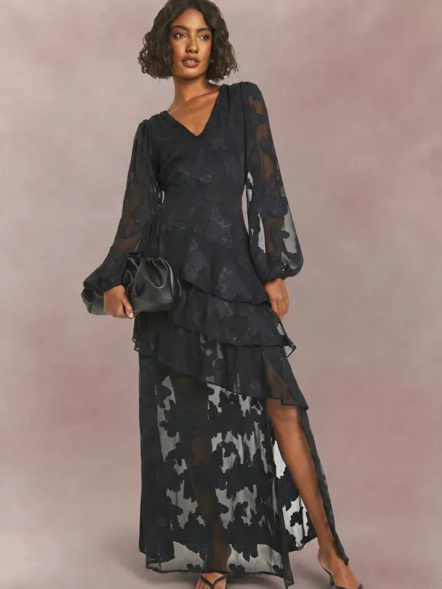 boohoo Dames Tall Burnout Maxi-jurk met Bloemen en Ruches Zwart