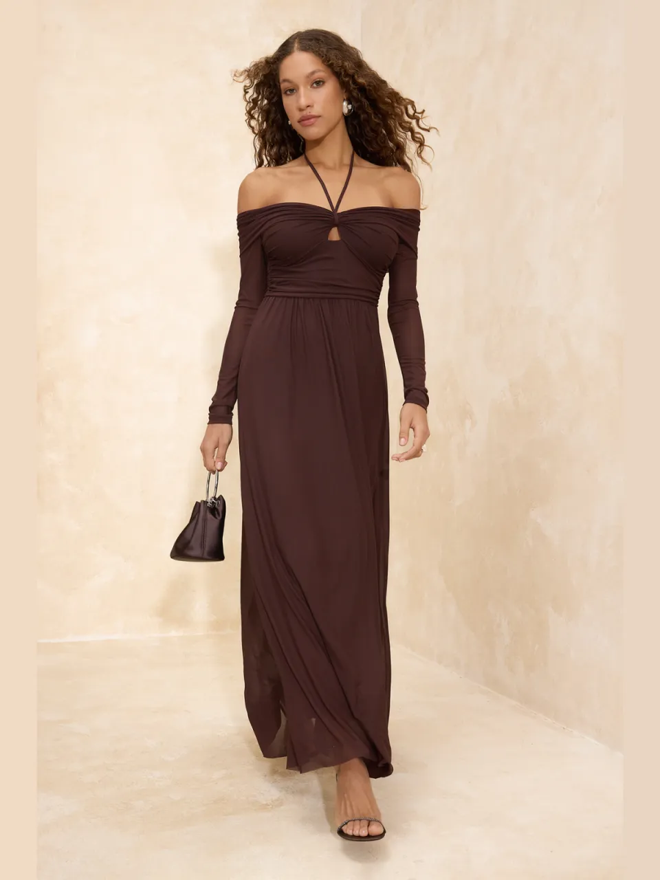 Trendyol TRENDYOLMİLLA Dames Bruin Effen Maxi Lang Diploma-uitreiking / Gala Recht Avond & Gala Jurk Donkerbruin