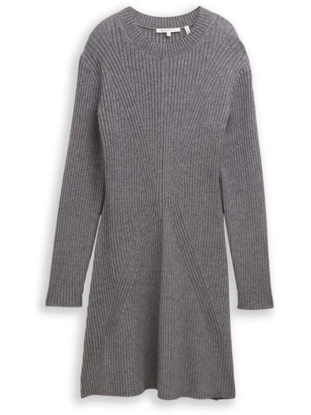 Tom Tailor Denim - Getailleerde mini-jurk van geribbelde tricot - Stormy Gray Melange
