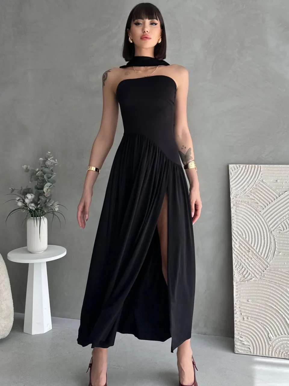 Trendyol TRENDYOLMİLLA Dames Zwart Effen Maxi Mouwloos Stijlvol/Avond Skater Jurken, foto 2