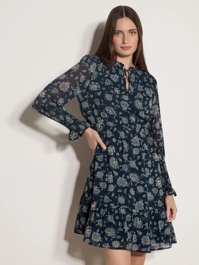 Apricot Mini-jurk van chiffon met folk-bloemenprint Marine