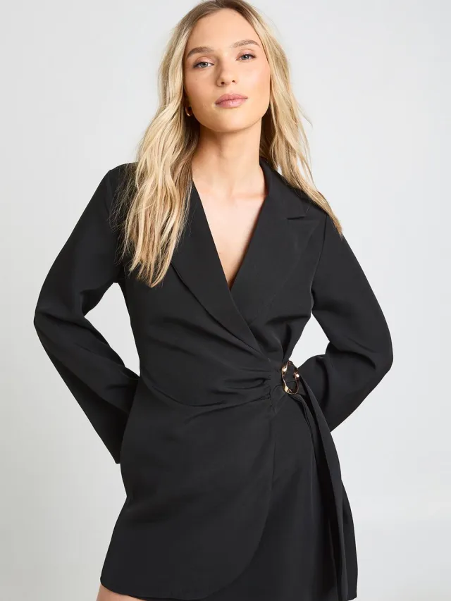 boohoo Dames Petite Blazerjurk Met Gespsluiting En Strikceintuur Zwart